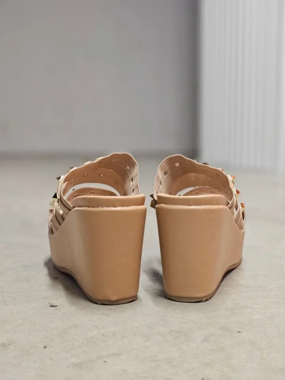 Studded Strap Nude Wedge Sandals For Women - Stylish Slip-On Platform Design Wit